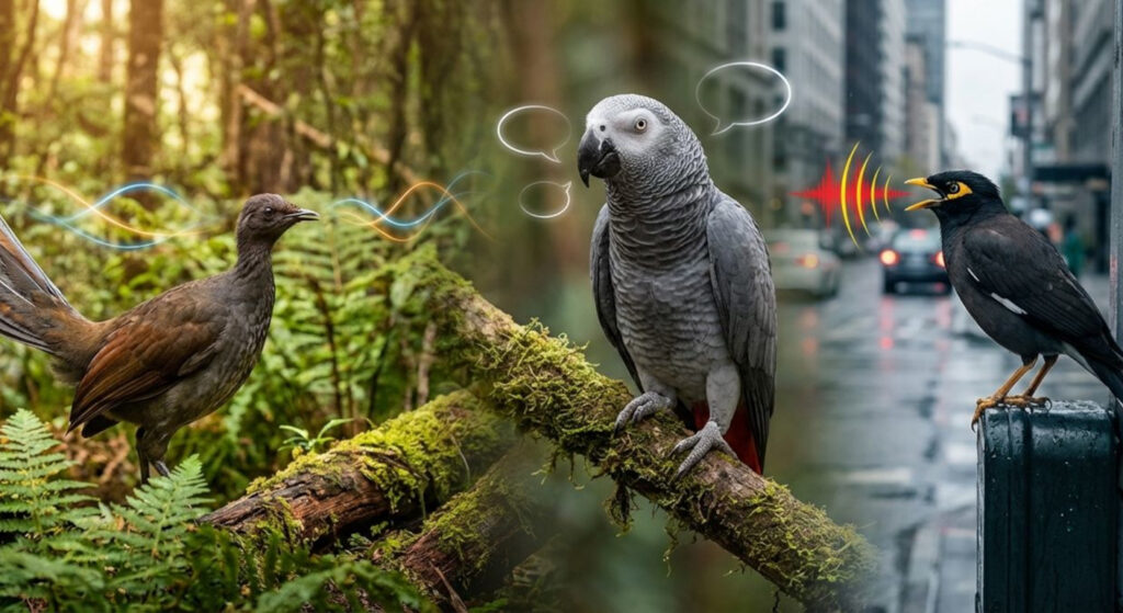 Superb lyrebird displaying in forest, African grey parrot perched and myna near urban elements, suggesting birds that mimic sounds