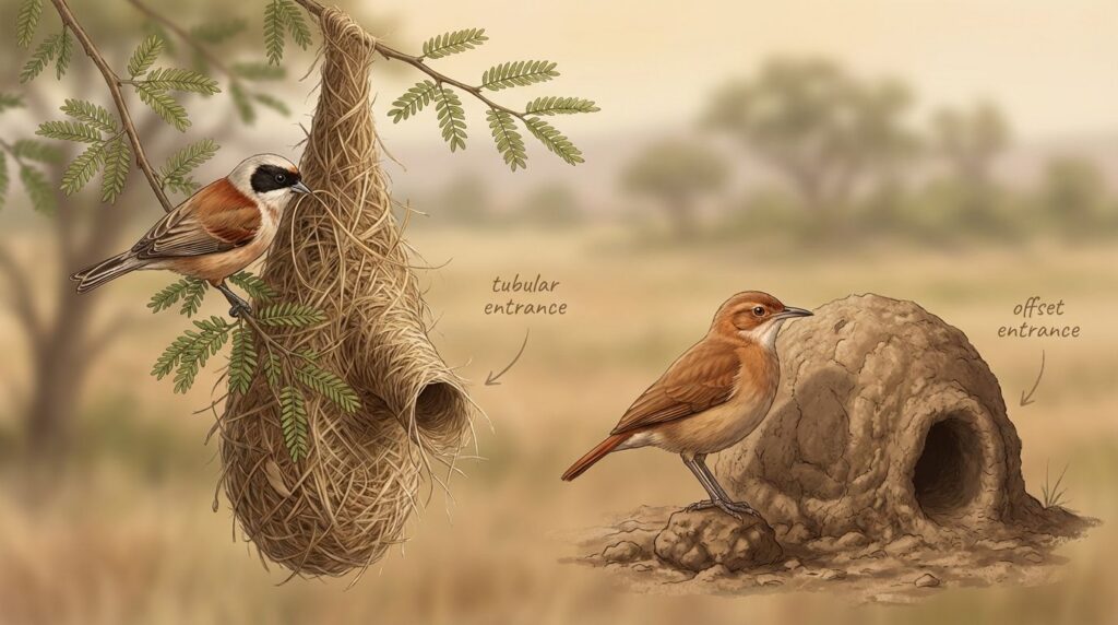 Illustration of a penduline tit beside a hanging woven nest with a tubular false entrance, and a rufous hornero next to a mud oven nest with an offset entrance.