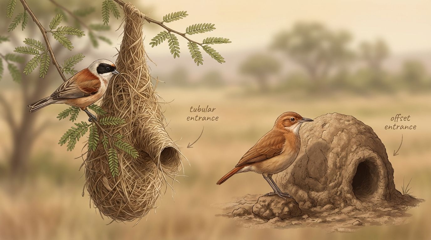 Illustration of a penduline tit beside a hanging woven nest with a tubular false entrance, and a rufous hornero next to a mud oven nest with an offset entrance.