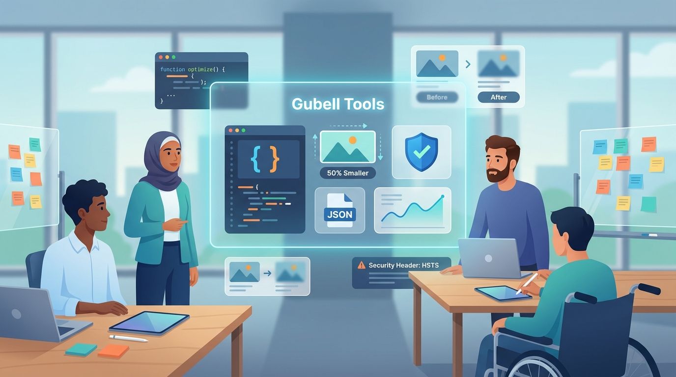 Illustration of developers and tech users around a holographic dashboard labeled 'Gubell Tools' showing icons for coding, image optimization, validation and security.