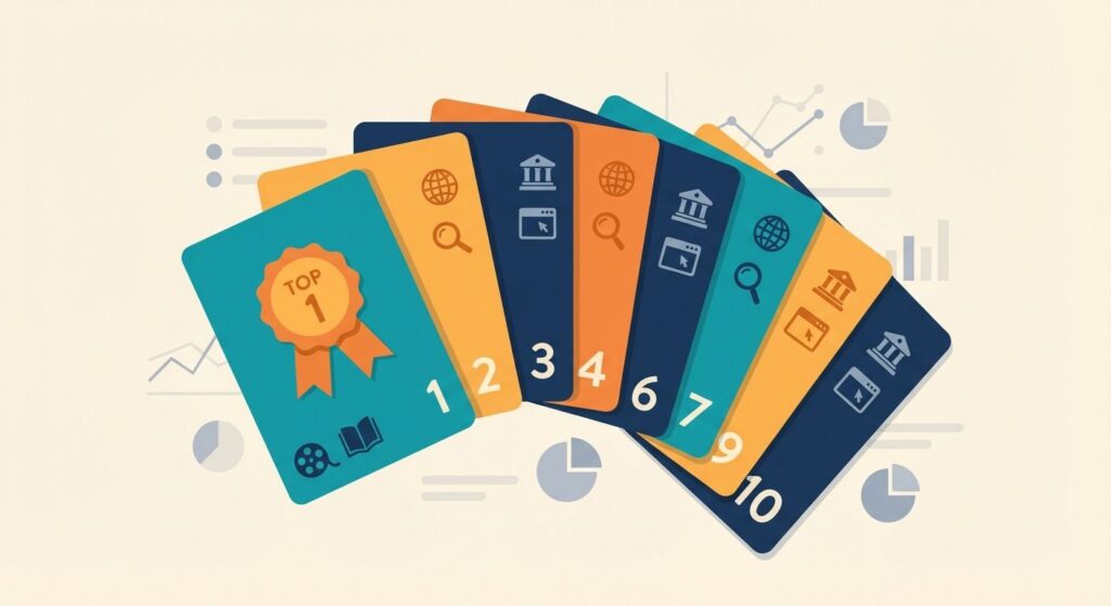 Illustration of a fanned set of numbered cards (Top Lists) with icons for entertainment, history, curiosities and websites