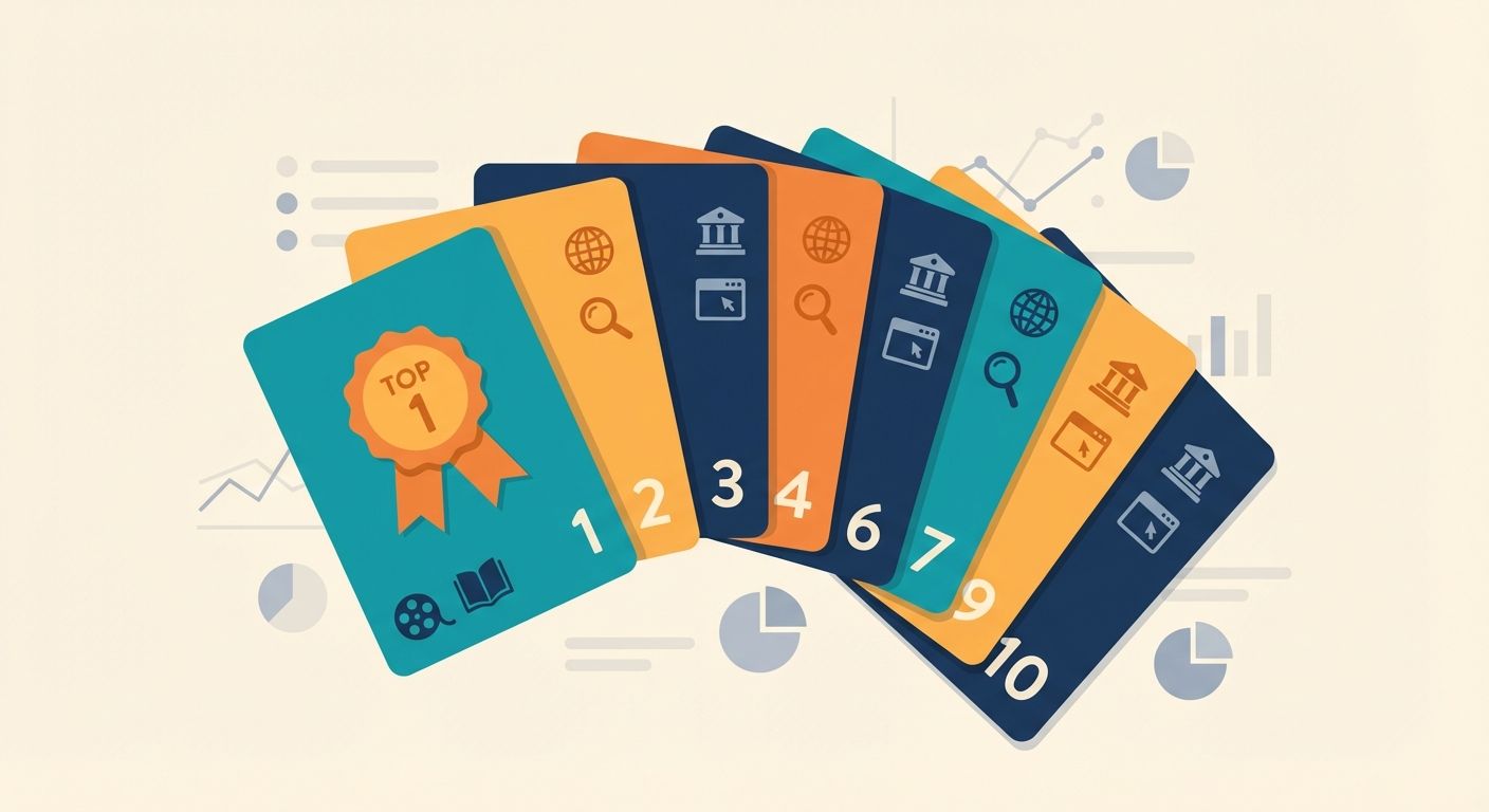 Illustration of a fanned set of numbered cards (Top Lists) with icons for entertainment, history, curiosities and websites