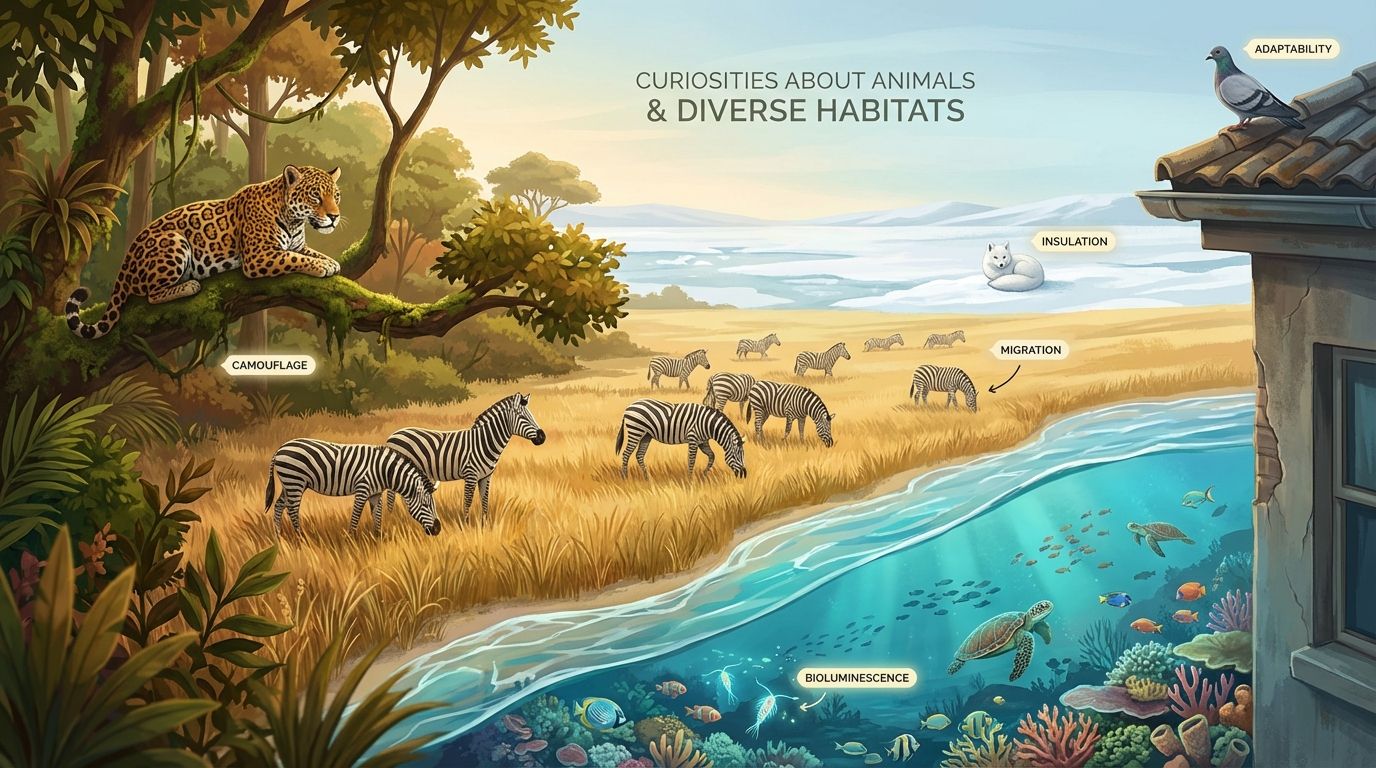 Composite scene showing diverse habitats and animals—a jaguar in a rainforest, zebras on a savanna, colorful coral reef fish, a polar fox on tundra, and a city pigeon—illustrating curiosities about animals.