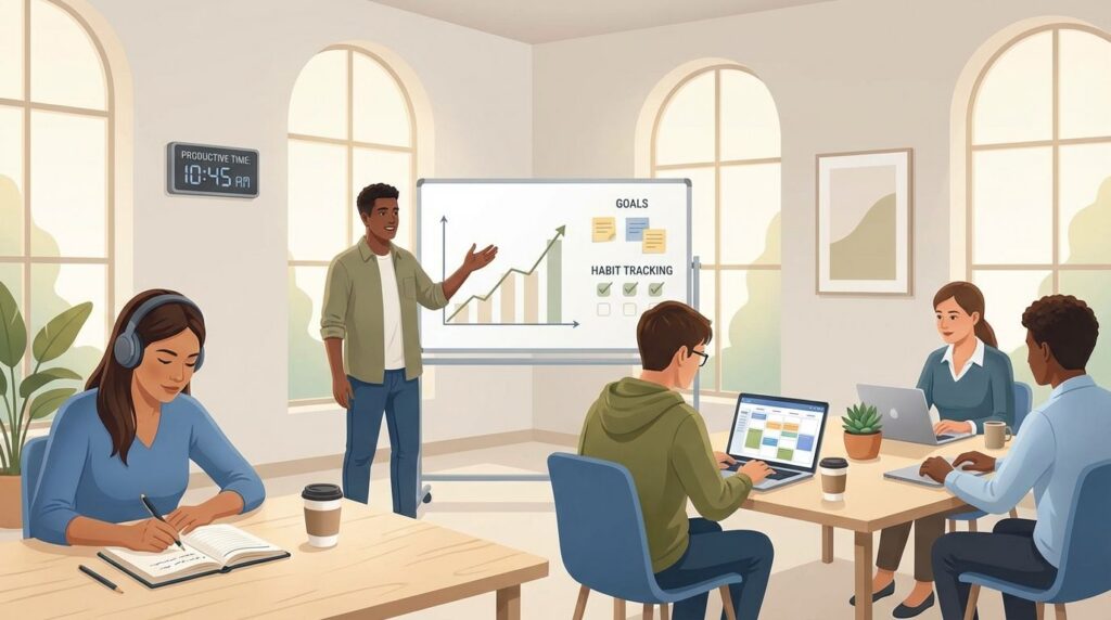 Illustration of professionals and students practicing productivity habits in a bright co-working space, with time-blocked calendars and growth symbols.
