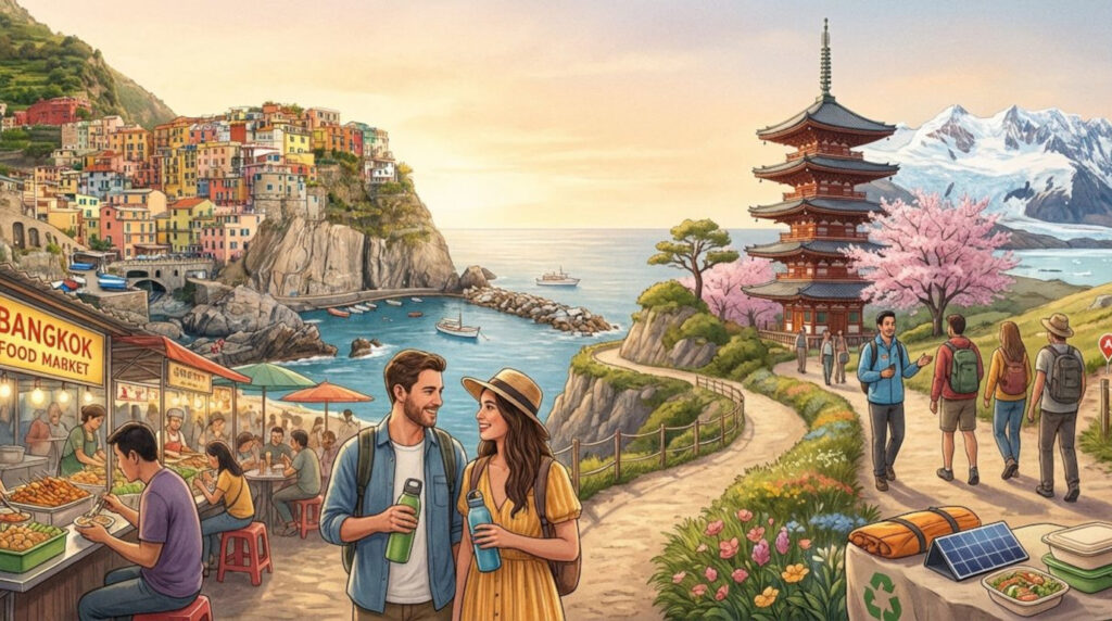 Panoramic collage of iconic tourist destinations including temples, coastline, mountains, and a bustling market with diverse travelers.