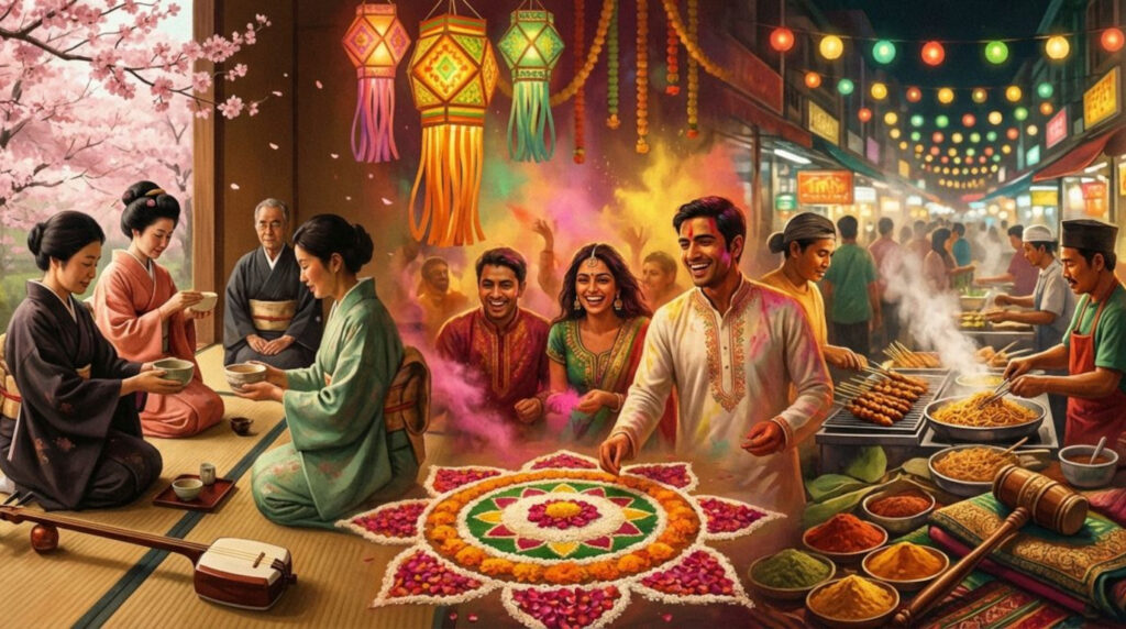 Collage showing Japanese tea ceremony, Indian lanterns, Southeast Asian street food market and Central Asian yurt, conveying the diversity of Asian culture.