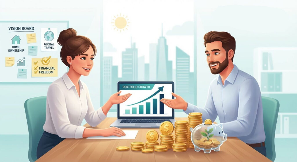 Young adult and entrepreneur at a desk with growing stacks of coins, upward charts, and laptop indicating financial growth and making money.