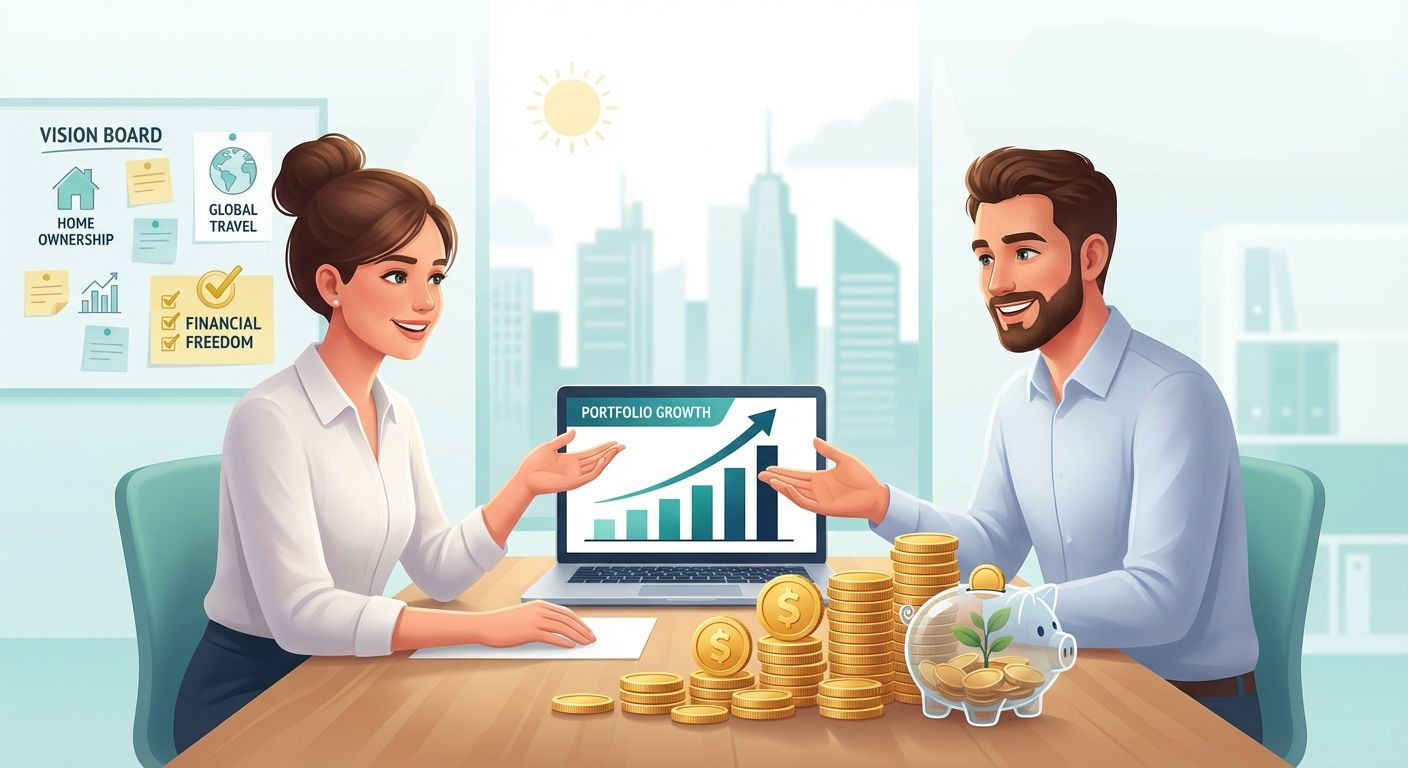 Young adult and entrepreneur at a desk with growing stacks of coins, upward charts, and laptop indicating financial growth and making money.