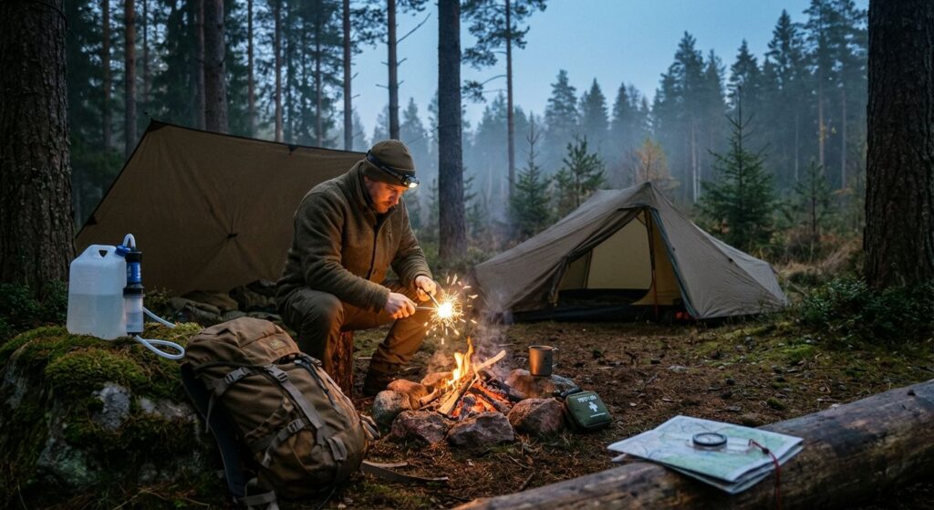 Camp at dusk with tarp shelter, small campfire, person practicing firecraft, water filter and map — illustrating practical survival techniques.