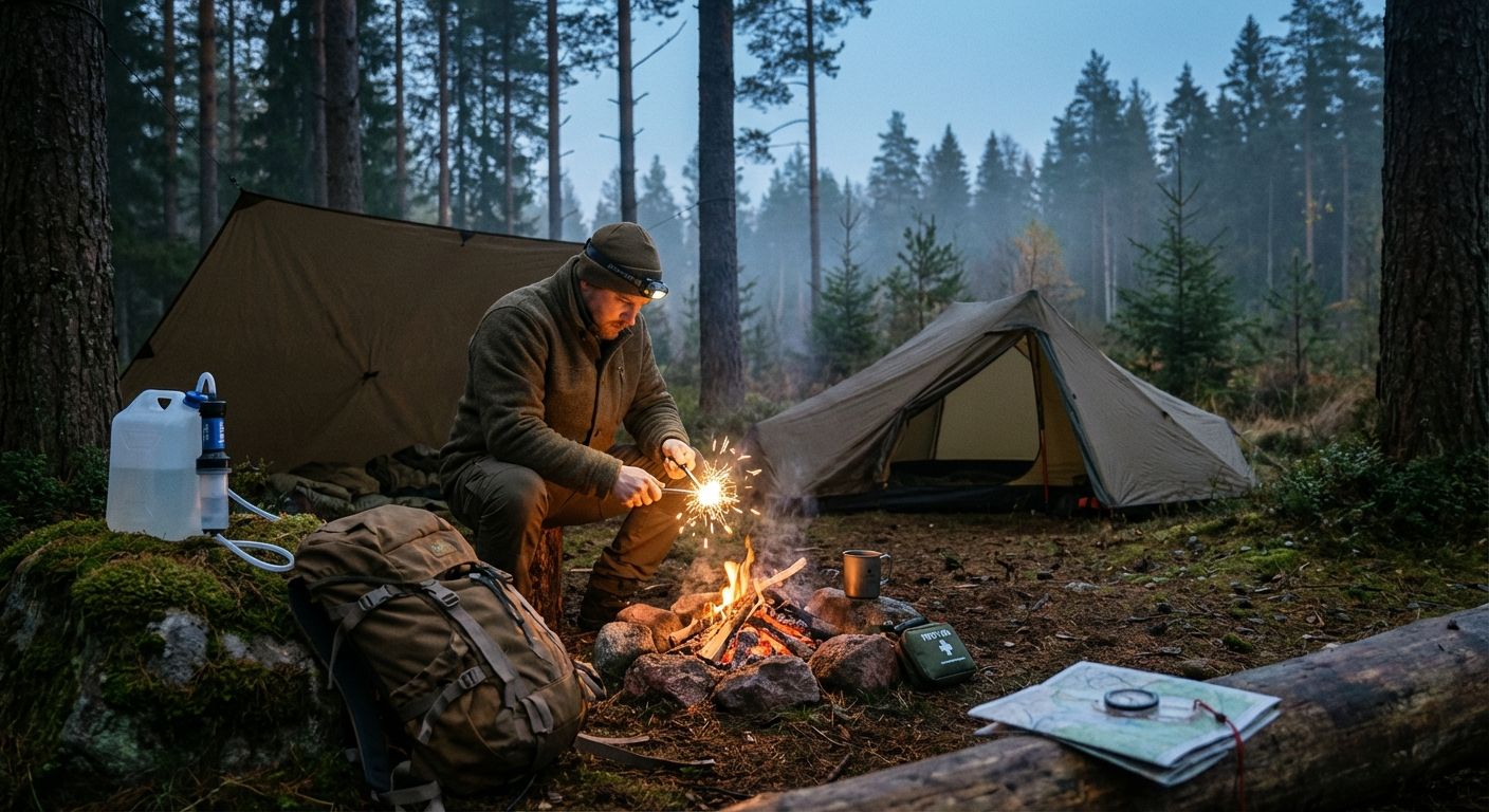 Camp at dusk with tarp shelter, small campfire, person practicing firecraft, water filter and map — illustrating practical survival techniques.